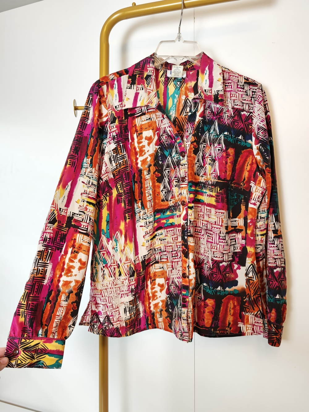 Vintage Maximalist Vibrant Multicolor Abstract Button-Down Med Long Sleeve Top